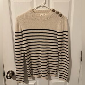 GAP Womens Sweater SZ XS Pullover Oatmeal Black Striped Knit 100% Cotton Comfy